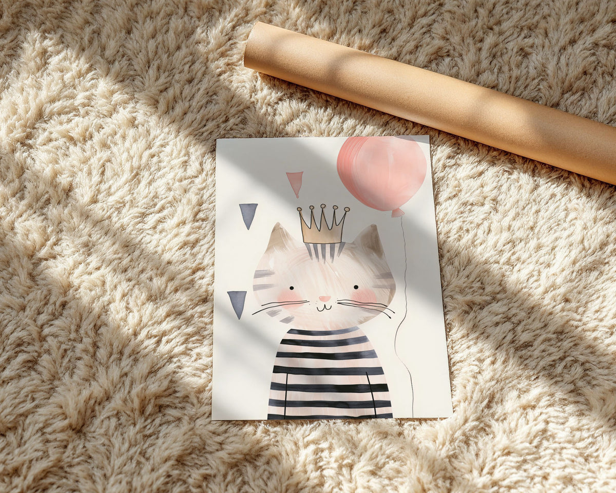A-Sized Prints Nursery - Soft watercolour cat portrait in pink, grey and cream tones
