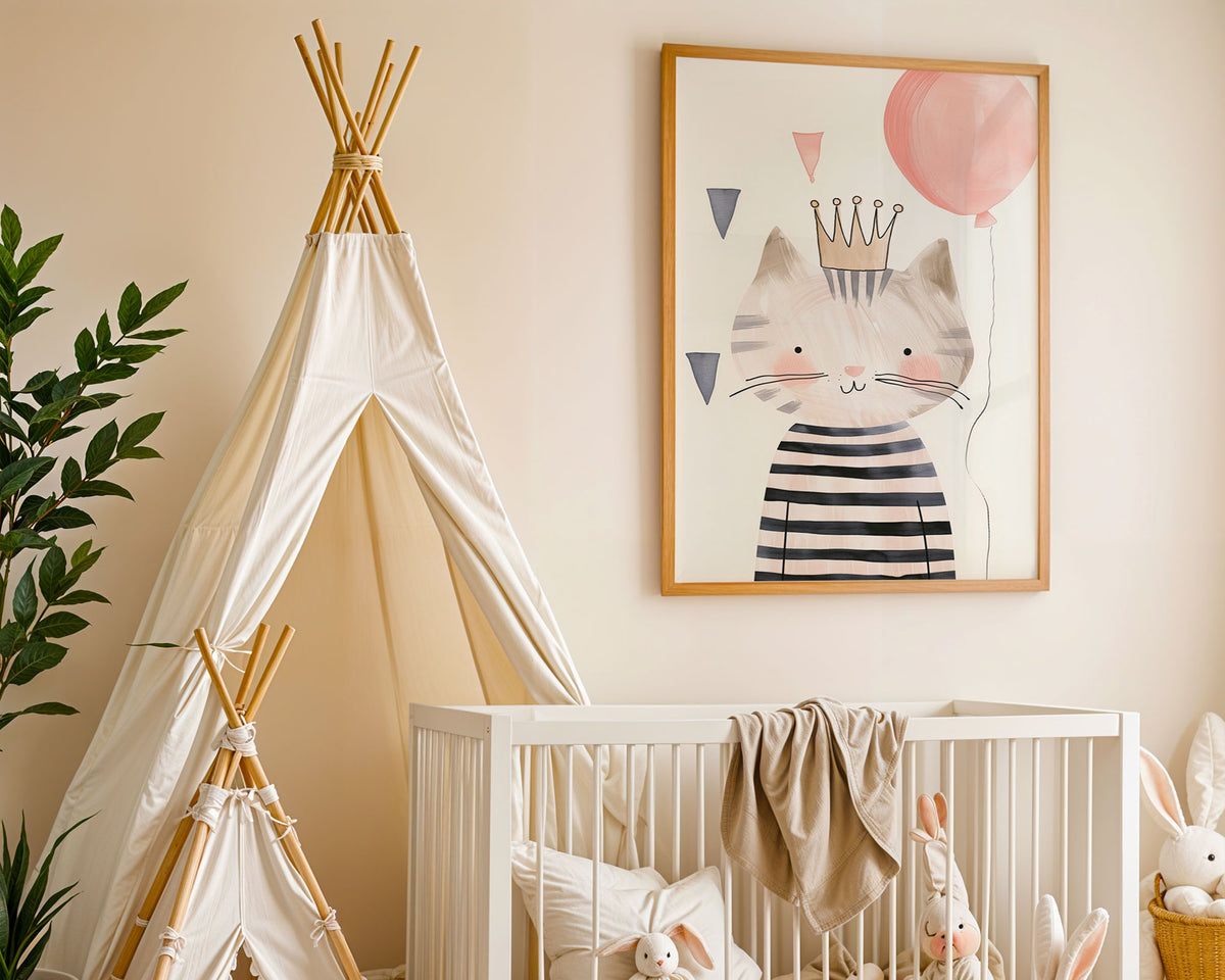 A-Sized Prints Nursery - Princess cat illustration with balloon and crown for children's bedroom