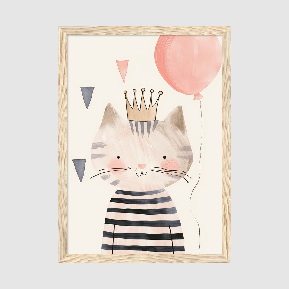 A-Sized Prints Nursery - Sweet cat character artwork with gold crown and floating pink balloon