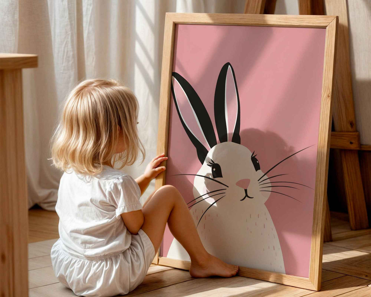 Cute Pink Bunny Illustration - Nursery Wall Art