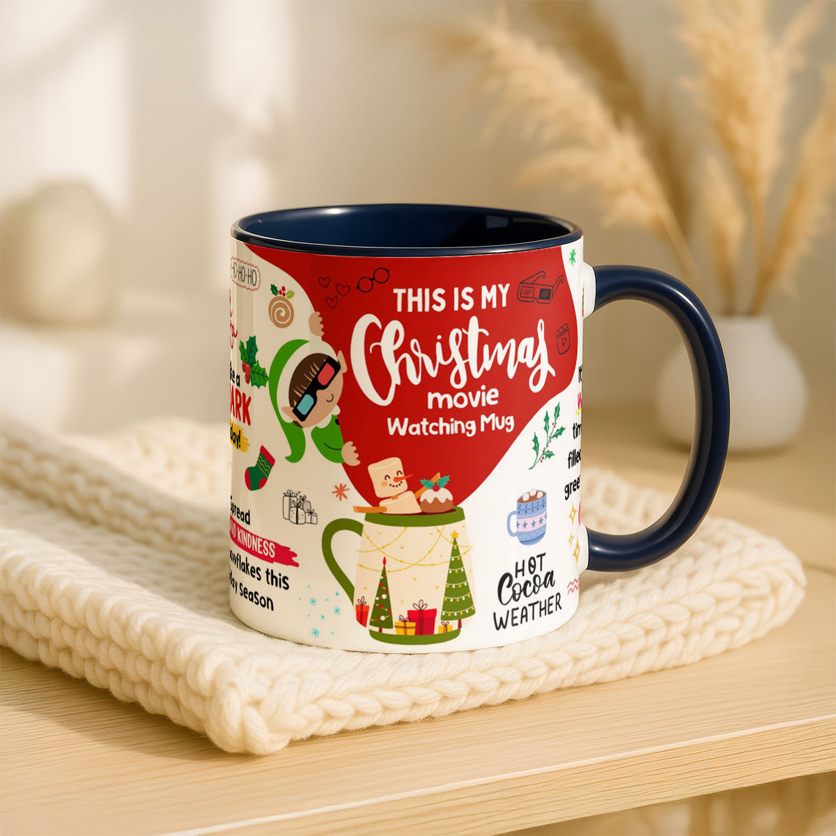 11oz Mug Colours - Festive ceramic mug with hot cocoa and Christmas movie themed artwork