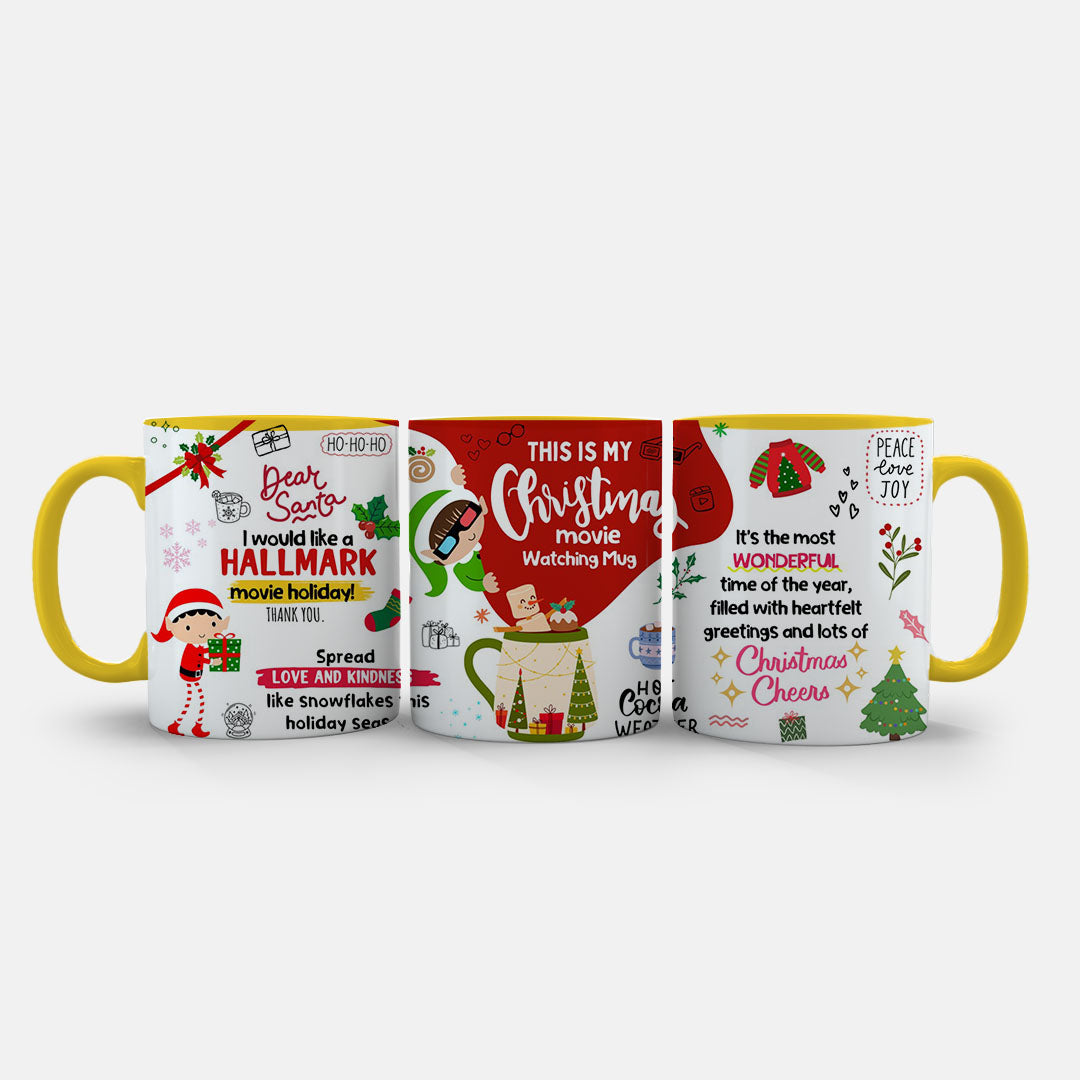 11oz Mug Colours - Cheerful Christmas mug design in red, green and gold with heartfelt greetings