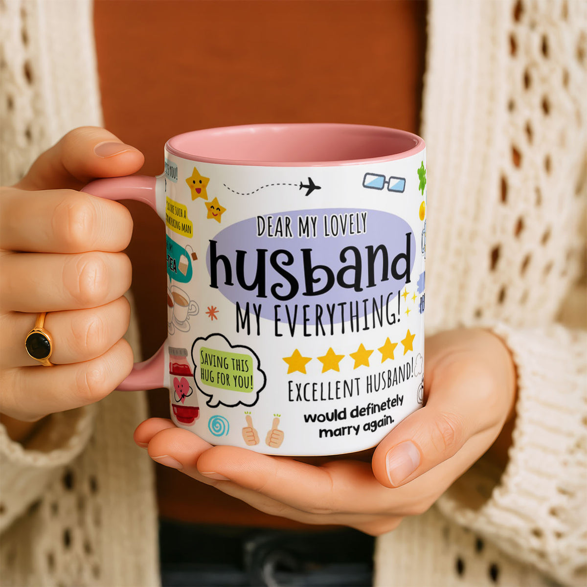 11oz Ceramic Mug Black - Husband mug design featuring playful illustrations and romantic sentiments