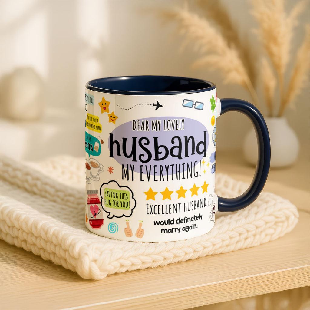 11oz Ceramic Mug Blue - Dear my lovely husband design with cute icons and affectionate text