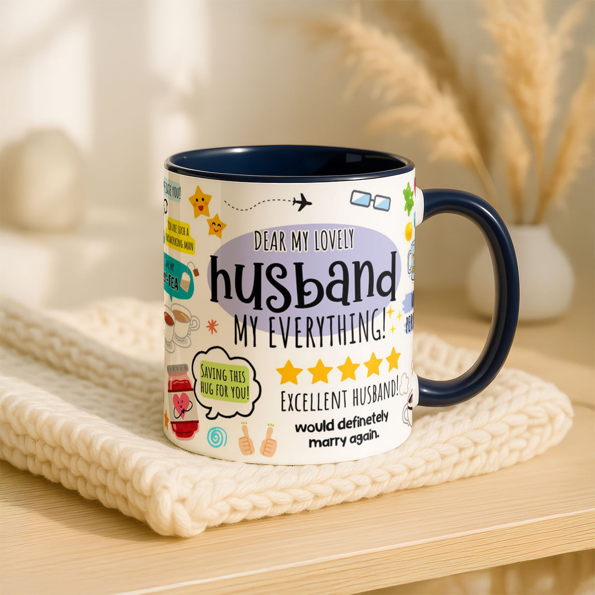 11oz Ceramic Mug Blue - Dear my lovely husband design with cute icons and affectionate text