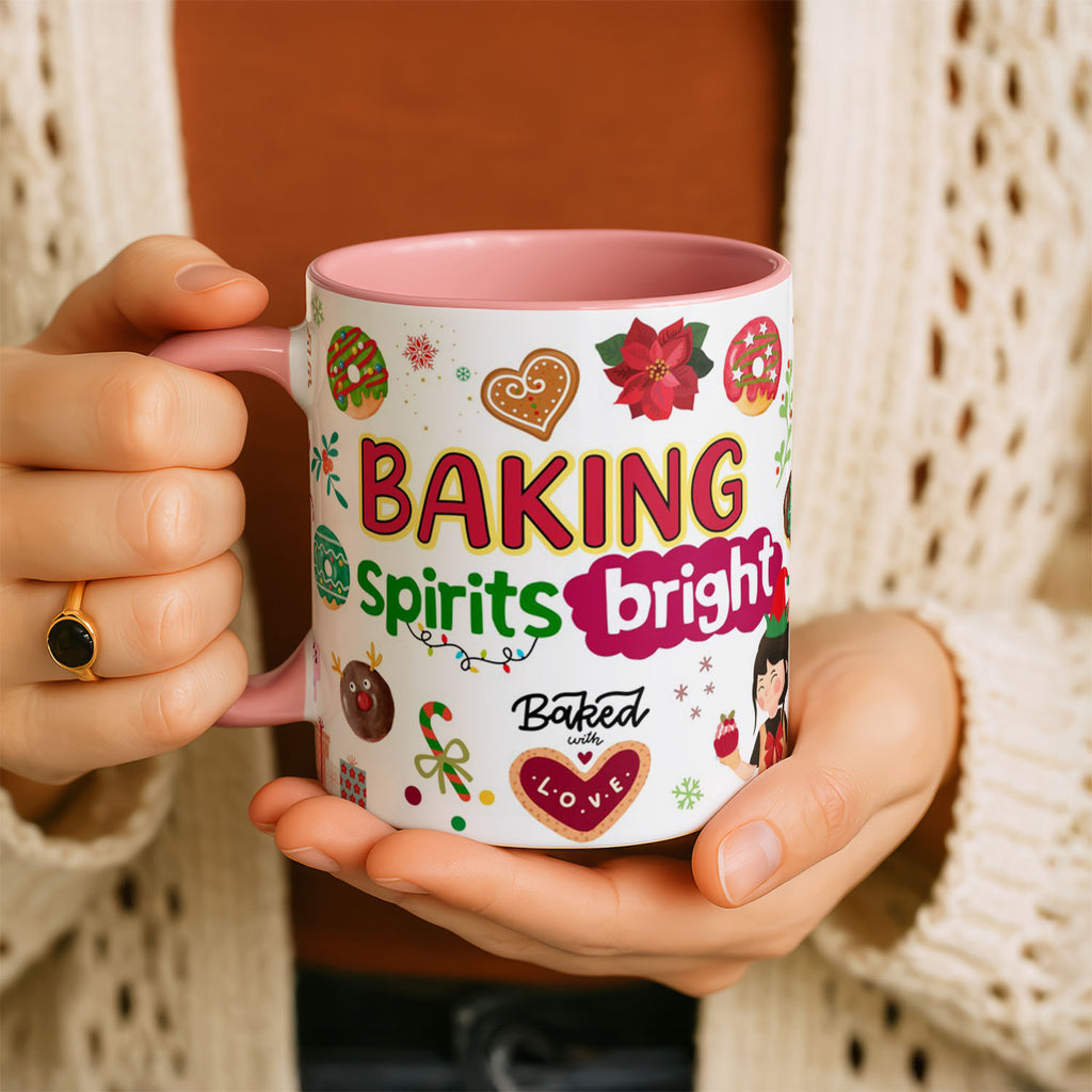 11oz Ceramic Mug Black - Baking Spirits Bright design featuring Christmas treats and smiling baker character
