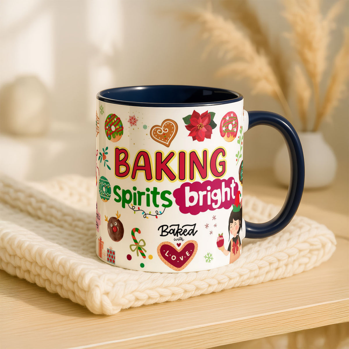 11oz Ceramic Mug Blue - Holiday baking illustration with poinsettias, candy canes, and festive recipe