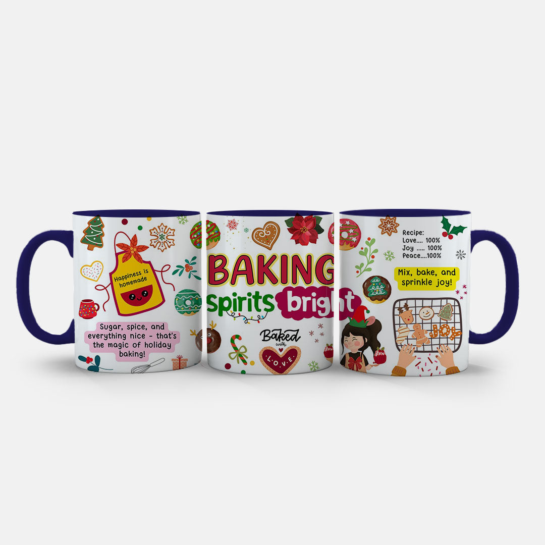 11oz Ceramic Mug Red - Christmas baking mug artwork showing decorated cookies and holly sprigs