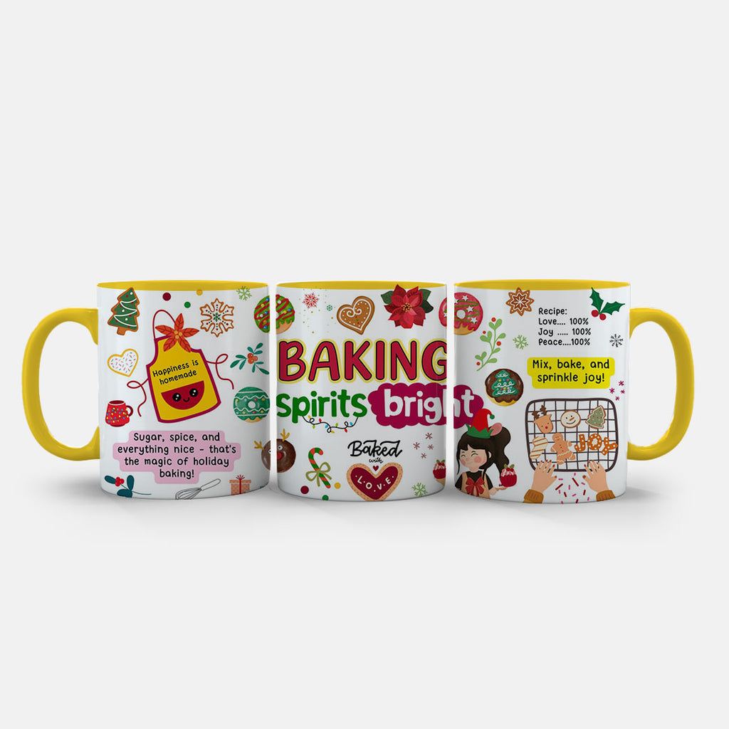 11oz Ceramic Mug Green - Festive baking design with gingerbread hearts and holiday decorations