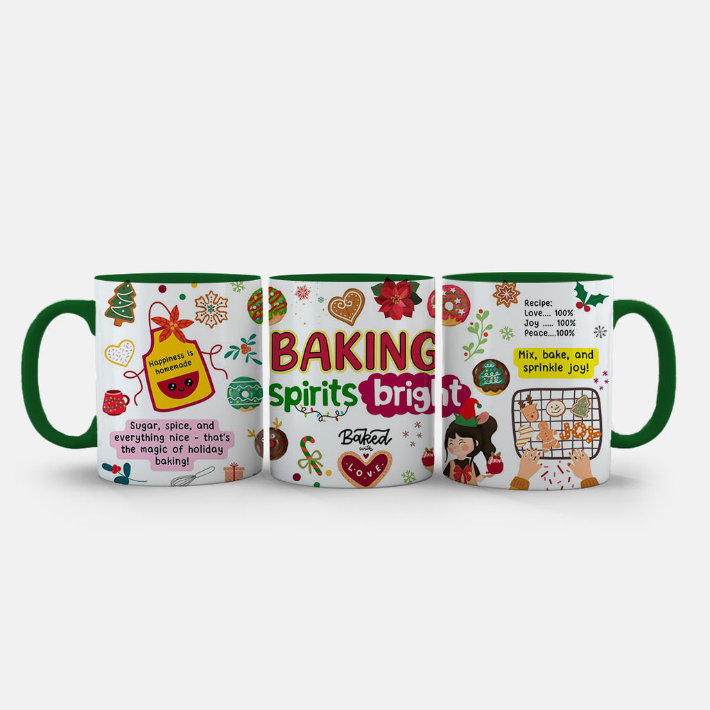 11oz Ceramic Mug Yellow - Cheerful Christmas baking artwork with cookie tray and festive icons