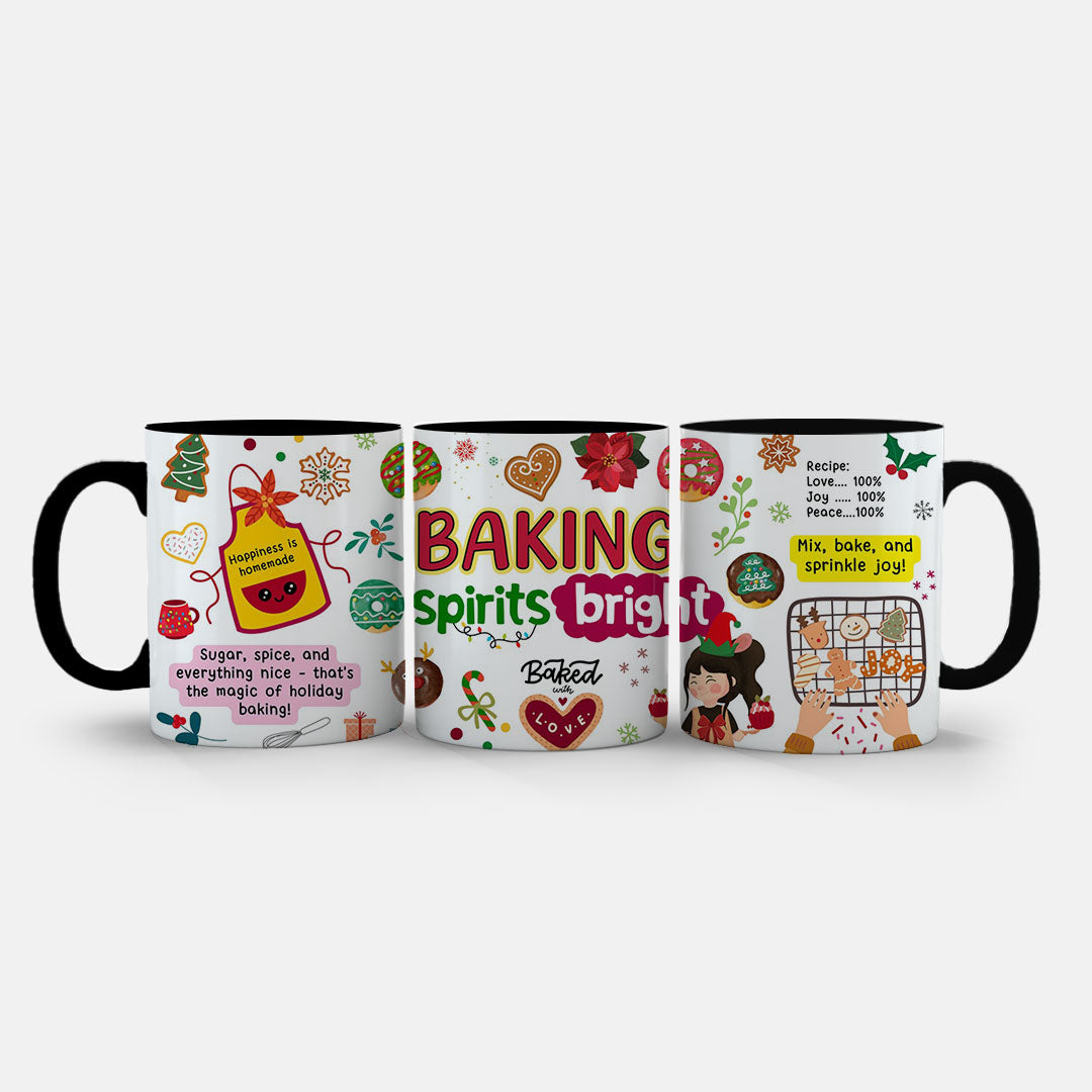 11oz Ceramic Mug Pink - Holiday baking illustration with joy recipe and colourful festive treats