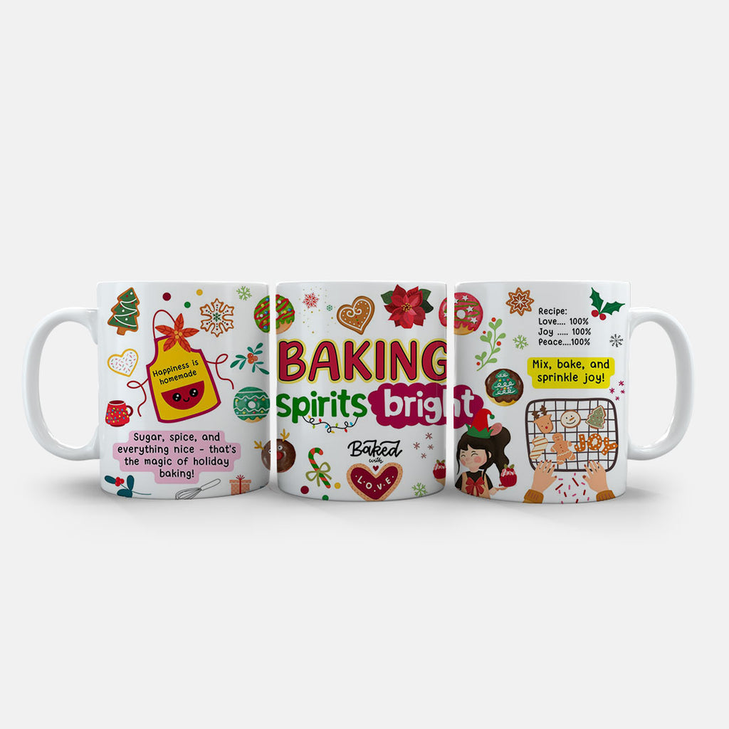 11oz Ceramic Mug - Complete festive baking artwork with recipe text and smiling baker character