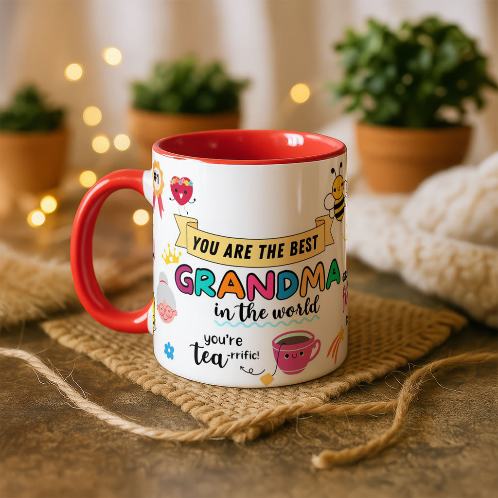 11oz Ceramic Mug White - Colourful grandma appreciation quotes with hearts, bee, teacup and flower illustrations