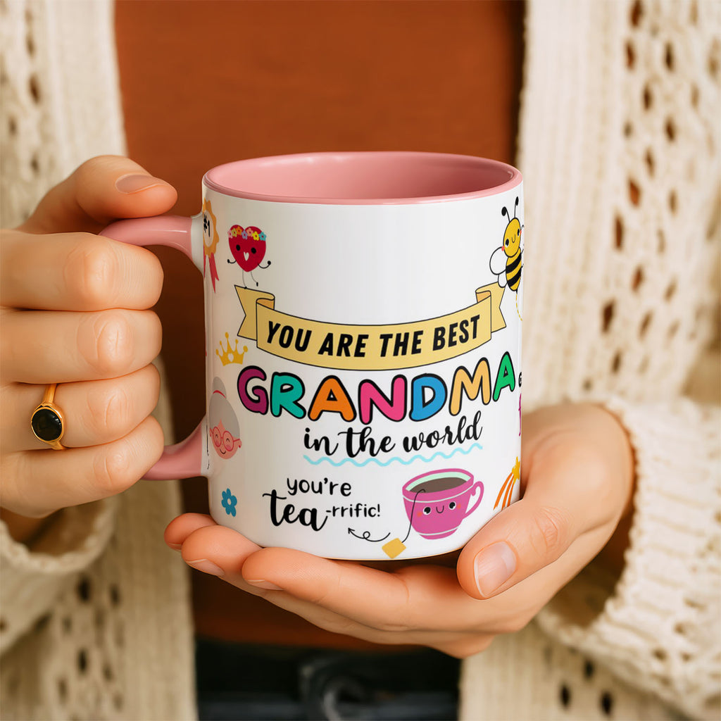 11oz Ceramic Mug Black - Playful grandma messages including ba-NANA pun and tea-rific text on ceramic