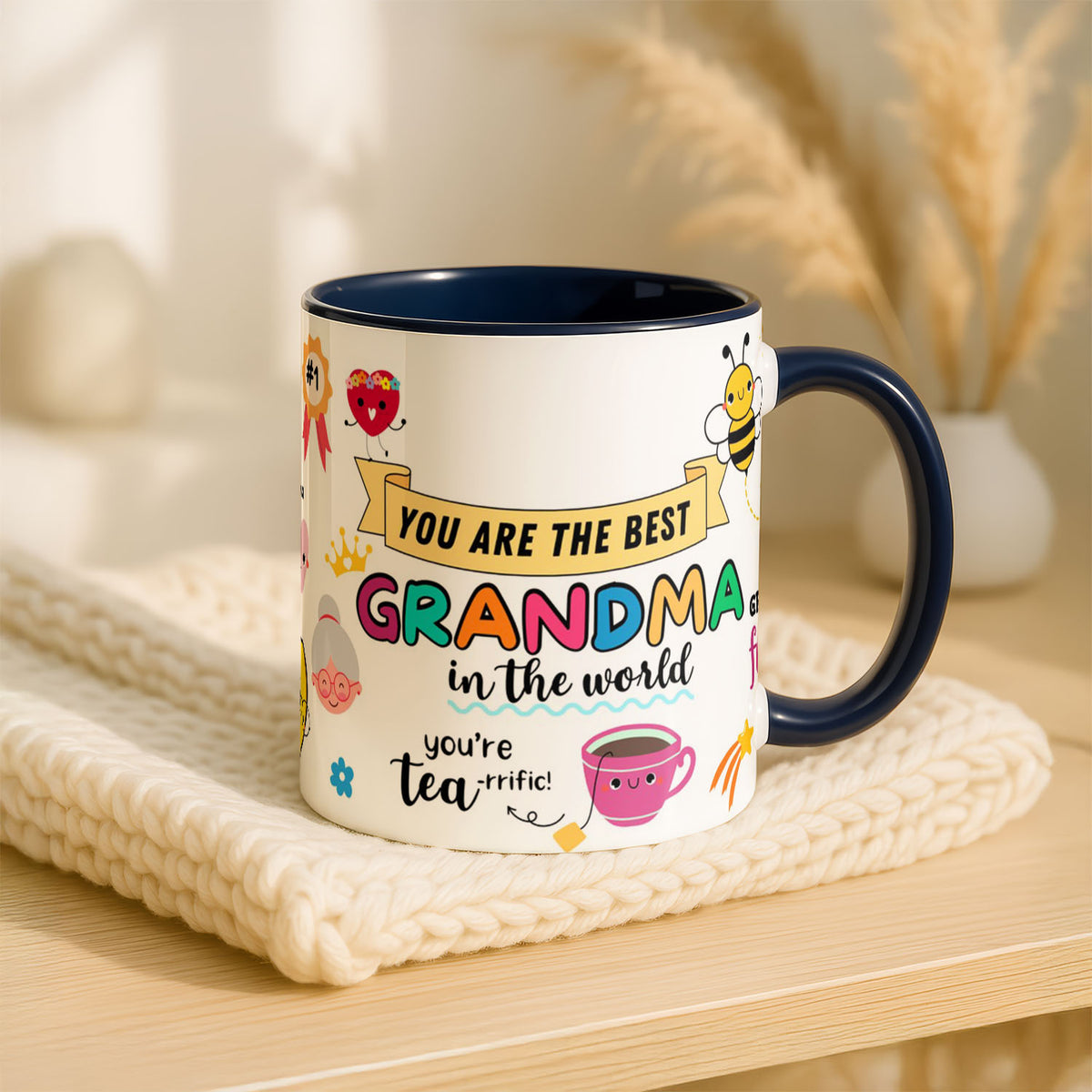 11oz Ceramic Mug Blue - Hand-drawn design with happiness quotes and cute character illustrations for grandma