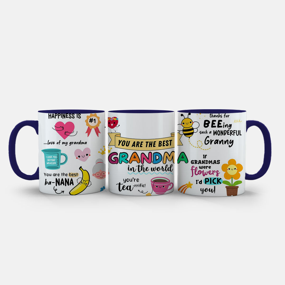 11oz Ceramic Mug White - Full artwork showing multiple grandma compliments and family love messages in bright colours