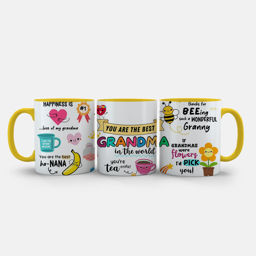 11oz Ceramic Mug Black - Bright pink, yellow and blue text celebrating wonderful grandmas with emoji-style graphics