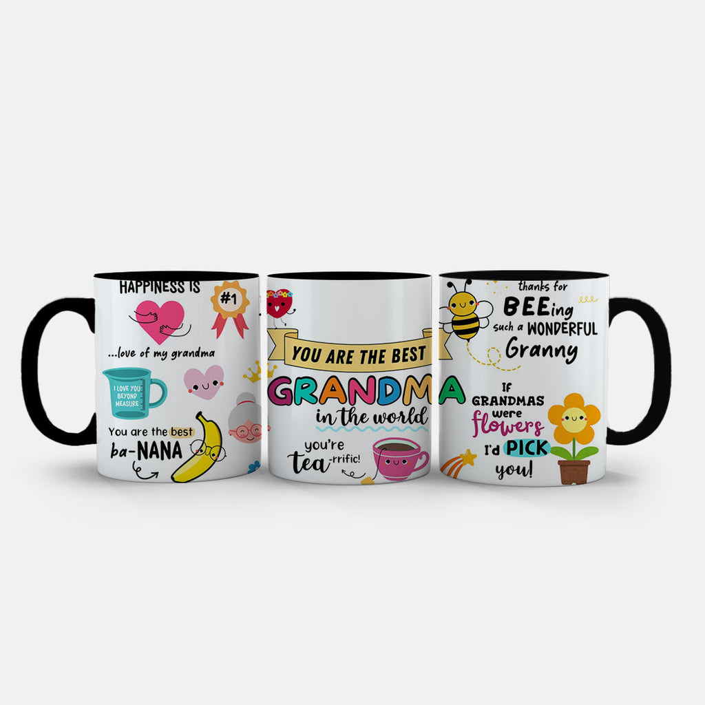 11oz Ceramic Mug White - Cheerful illustrated mug with flowers, bee and hearts for grandma gift giving