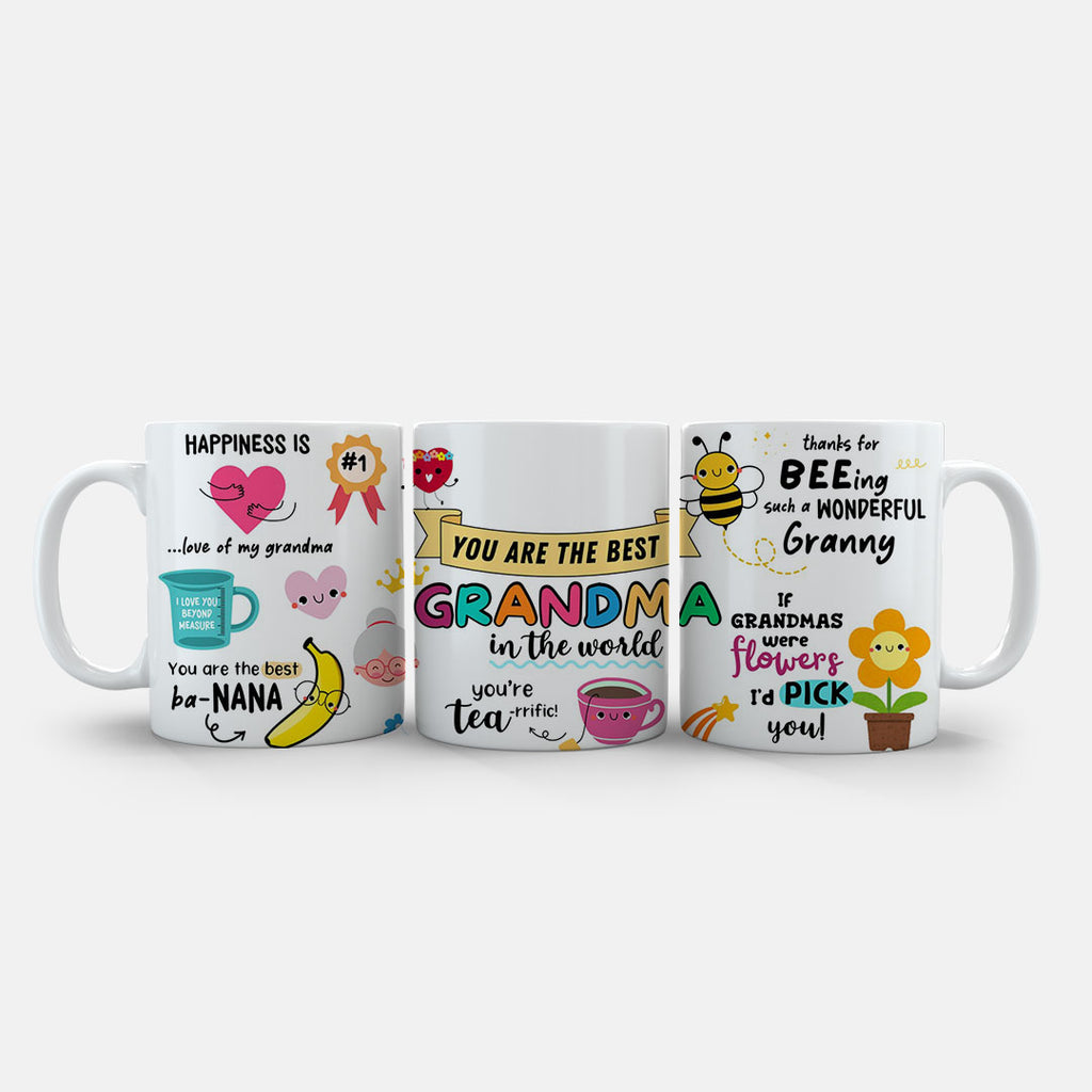 11oz Ceramic Mug Blue - Complete design layout showing all grandma appreciation quotes and character illustrations