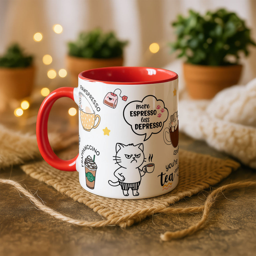 11oz Mug Colours - Cartoon cats in coffee mugs with punny text like Cappurrcino and Espurresso