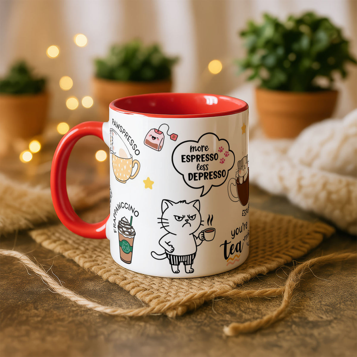11oz Mug Colours - Cartoon cats in coffee mugs with punny text like Cappurrcino and Espurresso