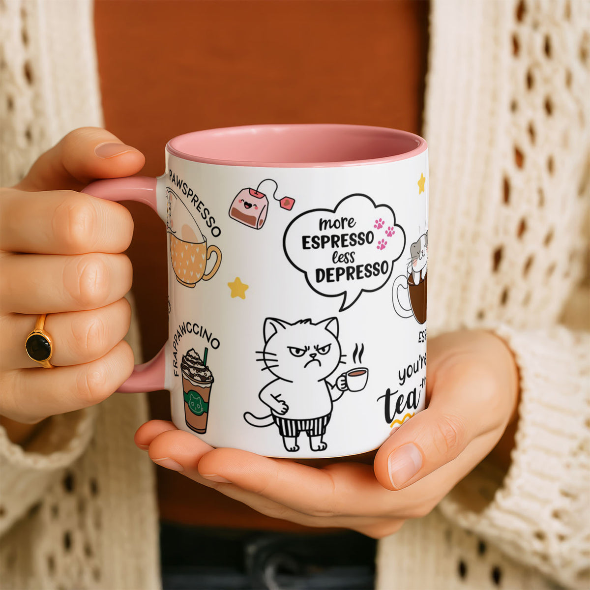 11oz Mug Colours - Grumpy cat holding coffee cup surrounded by cute feline coffee designs