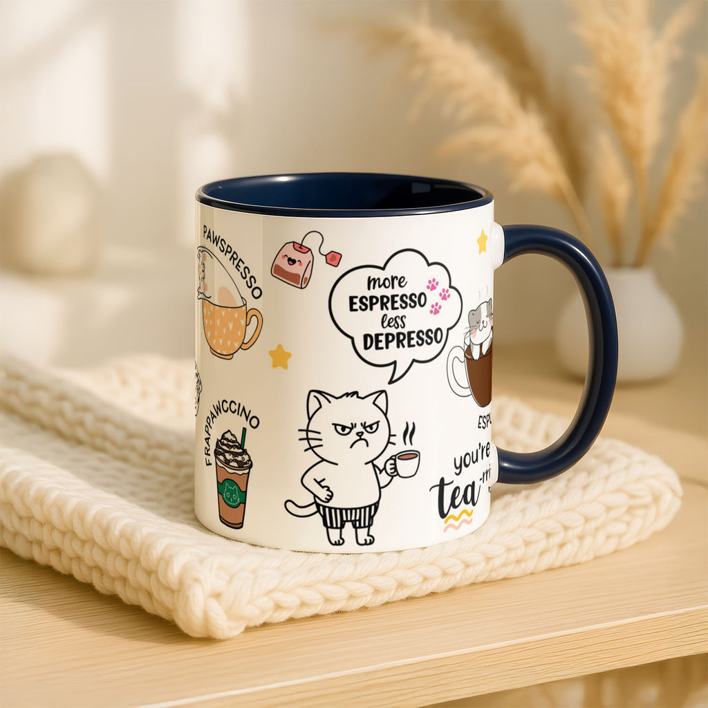 11oz Mug Colours - Cat-themed coffee pun artwork featuring Meowcchiato and Carameow Macchiato text