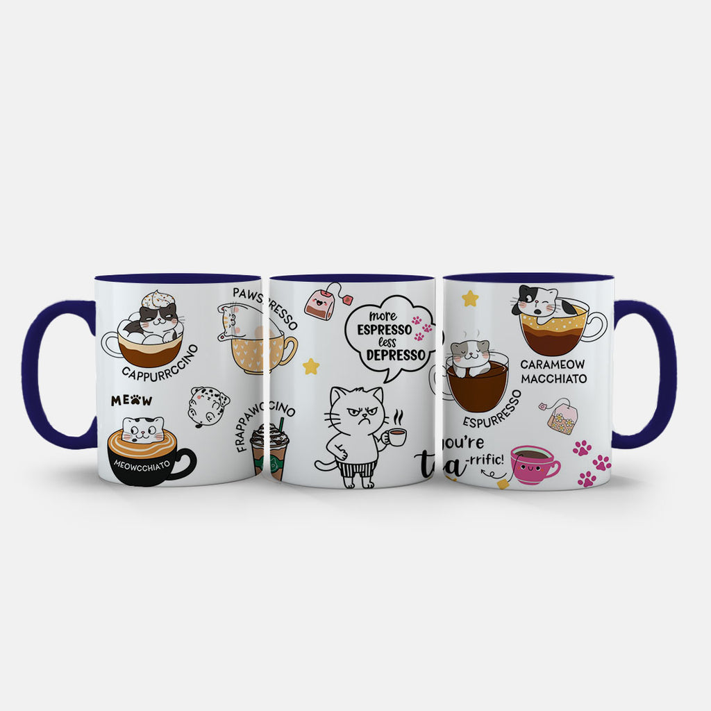 11oz Mug Colours - Whimsical coffee-loving cats illustration with paw prints and yellow stars