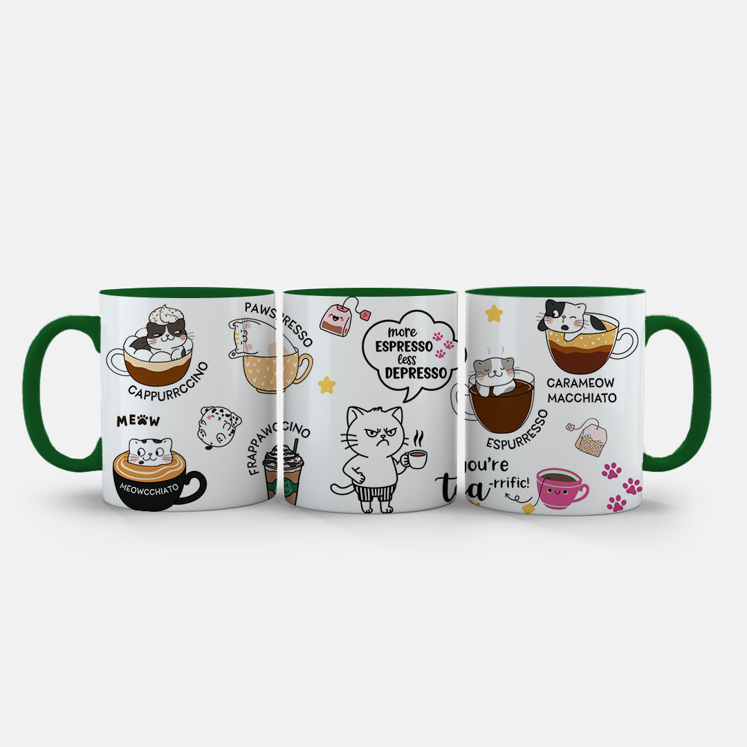11oz Mug Colours - Cute kitten characters drinking from oversized coffee cups on ceramic mug