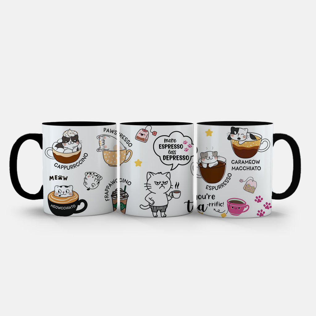 11oz Mug Colours - Cat coffee puns including Pawspresso and tea-rrific text with pet illustrations
