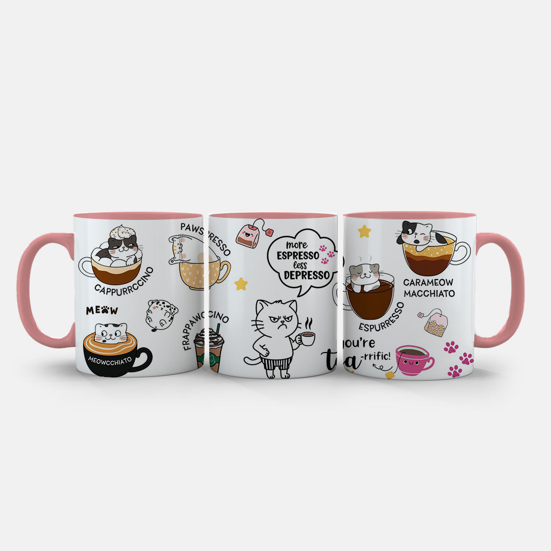 11oz Mug Colours - Colourful cat-themed coffee artwork with adorable feline faces and hot drinks