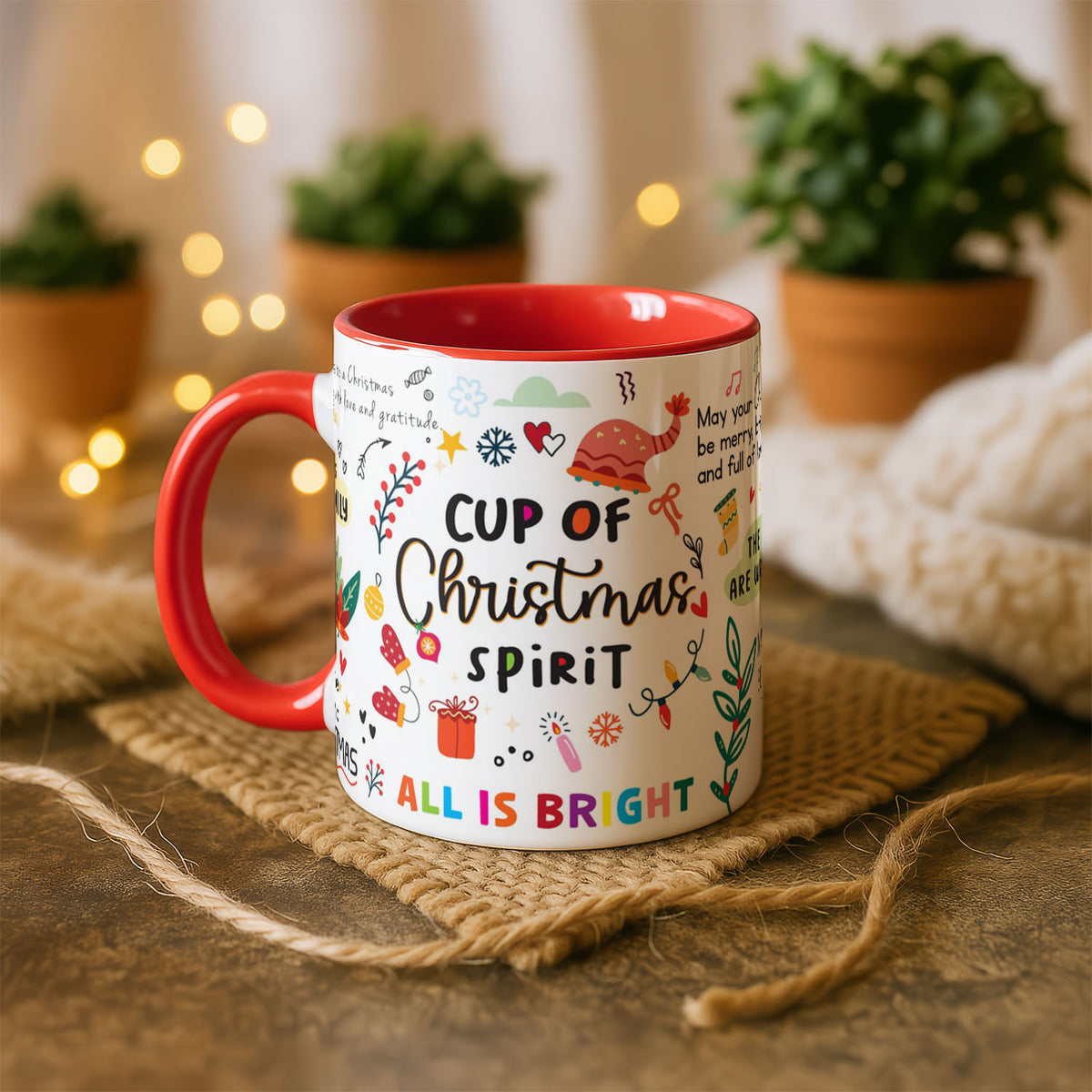 11oz Ceramic Mug White - Christmas spirit design with festive quotes and ornaments in red, green and gold