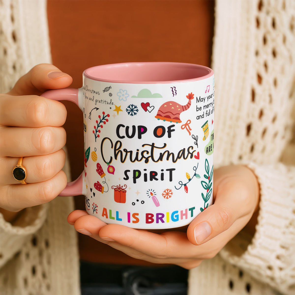 11oz Ceramic Mug Black - Cup of Christmas Spirit design with colourful festive text and holiday graphics