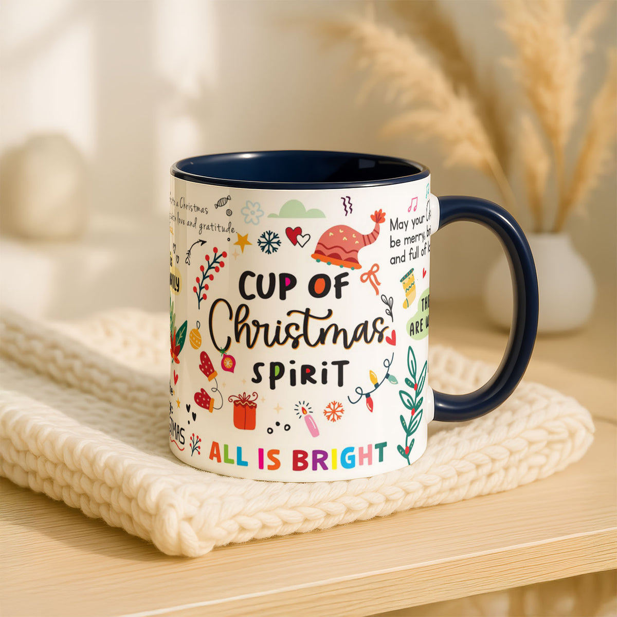 11oz Ceramic Mug Blue - Christmas quote mug with holly, gifts, and love-themed messages throughout
