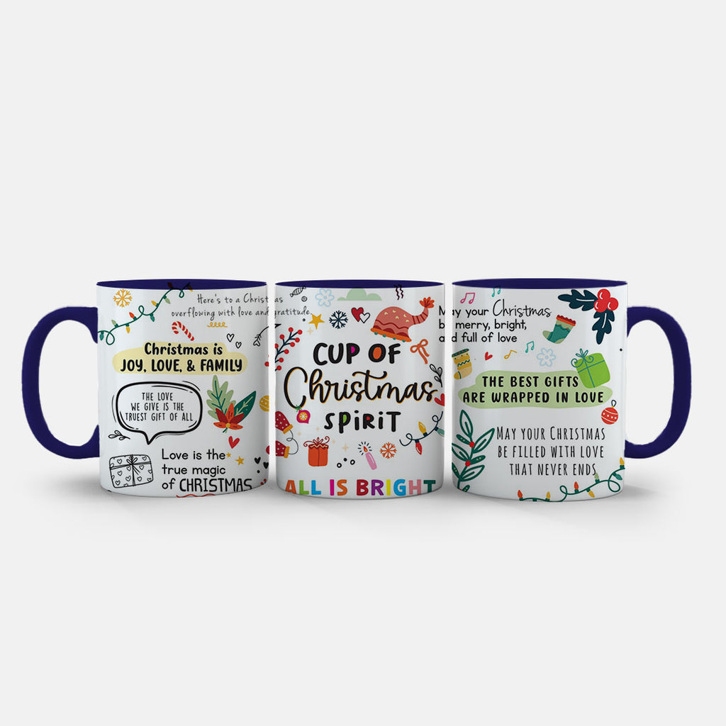 11oz Ceramic Mug Red - Festive ceramic mug with 'All is bright' and wrapped presents in vibrant colours