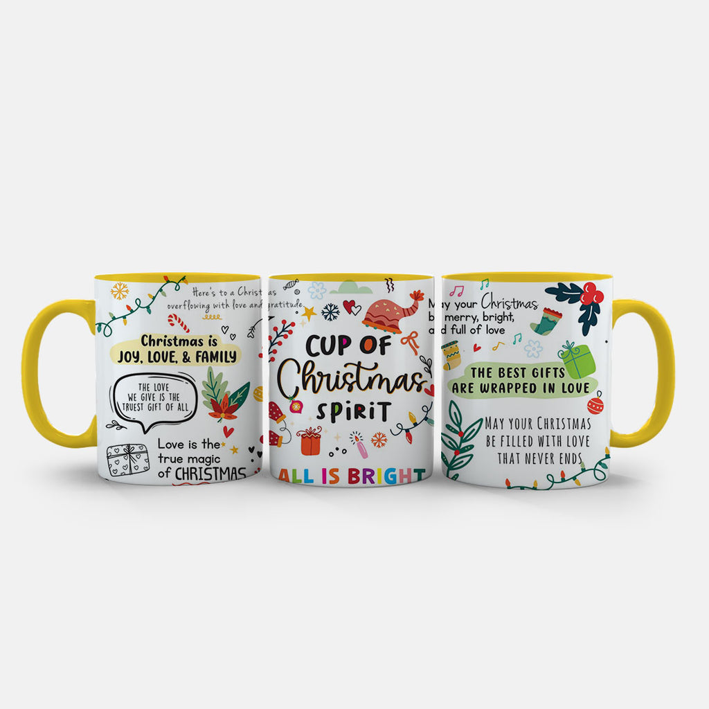 11oz Ceramic Mug Green - Christmas Spirit design featuring fairy lights, ornaments, and joyful quotes