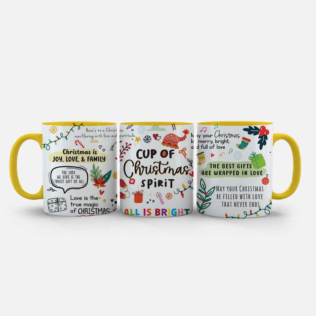 11oz Ceramic Mug Green - Christmas Spirit design featuring fairy lights, ornaments, and joyful quotes