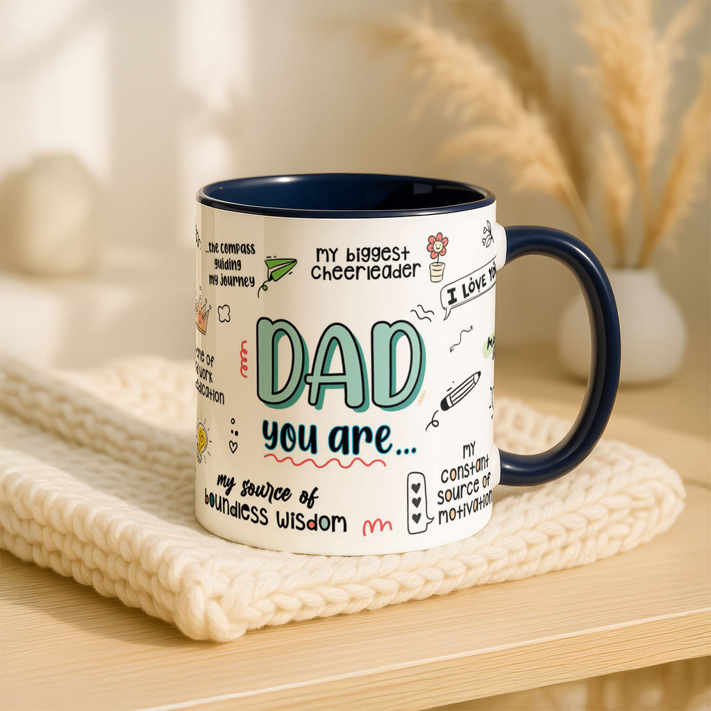 11oz Ceramic Mug Blue - Heartwarming dad affirmations with compass, crown and lightning bolt