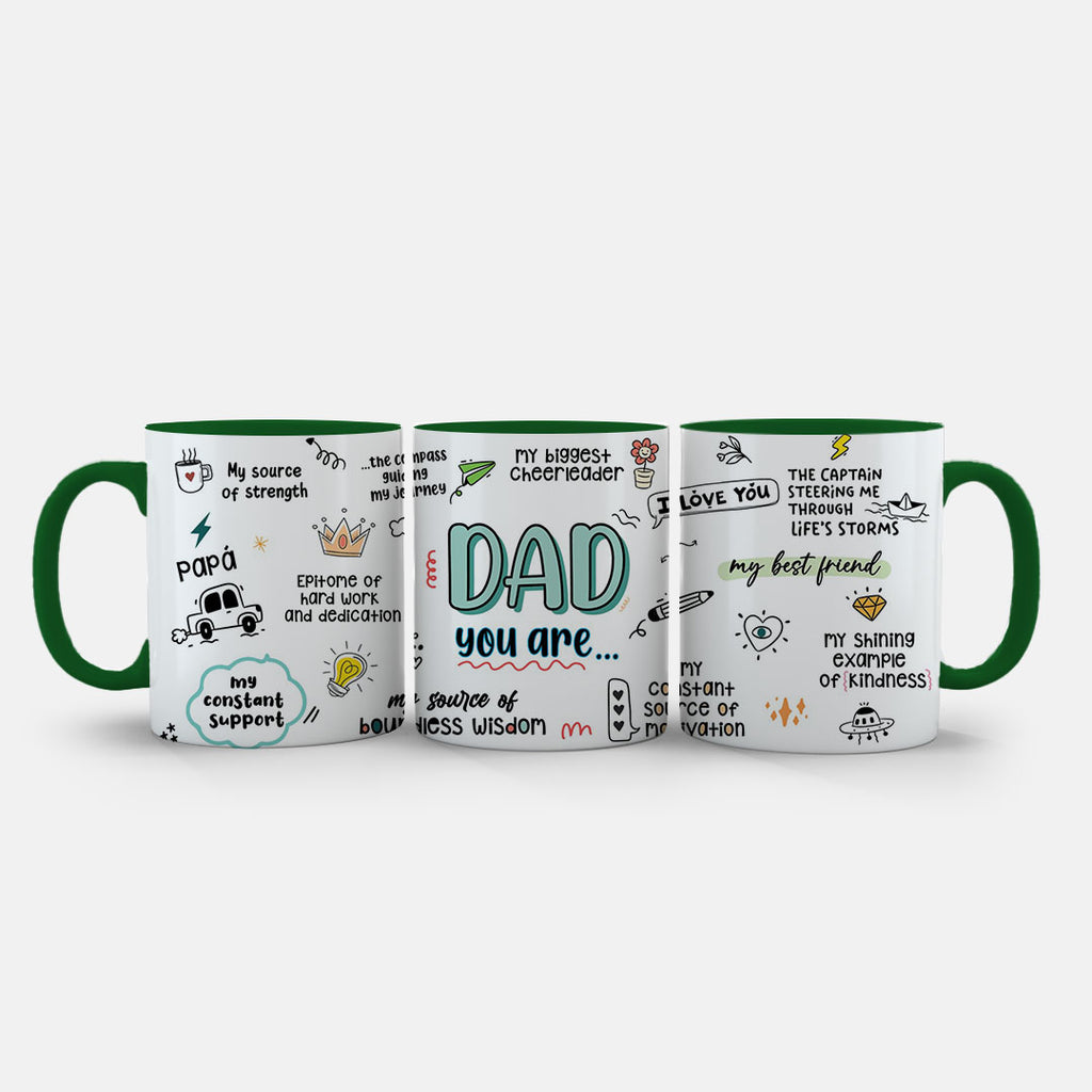 11oz Ceramic Mug Green - Affirmation mug for dad featuring uplifting messages and icons