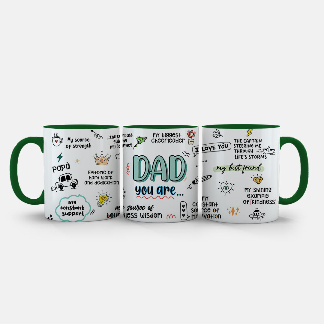 11oz Ceramic Mug Green - Affirmation mug for dad featuring uplifting messages and icons