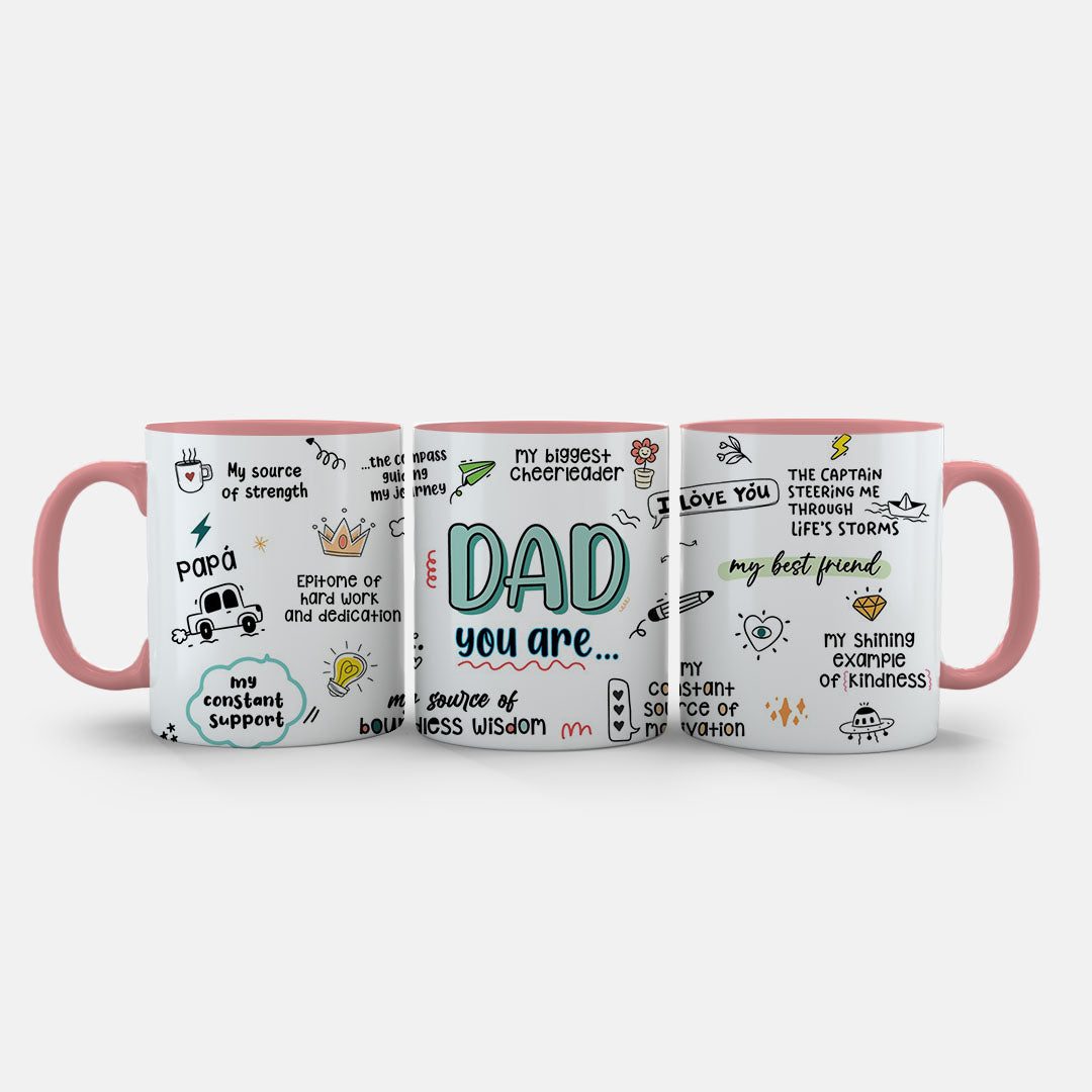 11oz Ceramic Mug Pink - Loving dad affirmations design with hand-drawn elements
