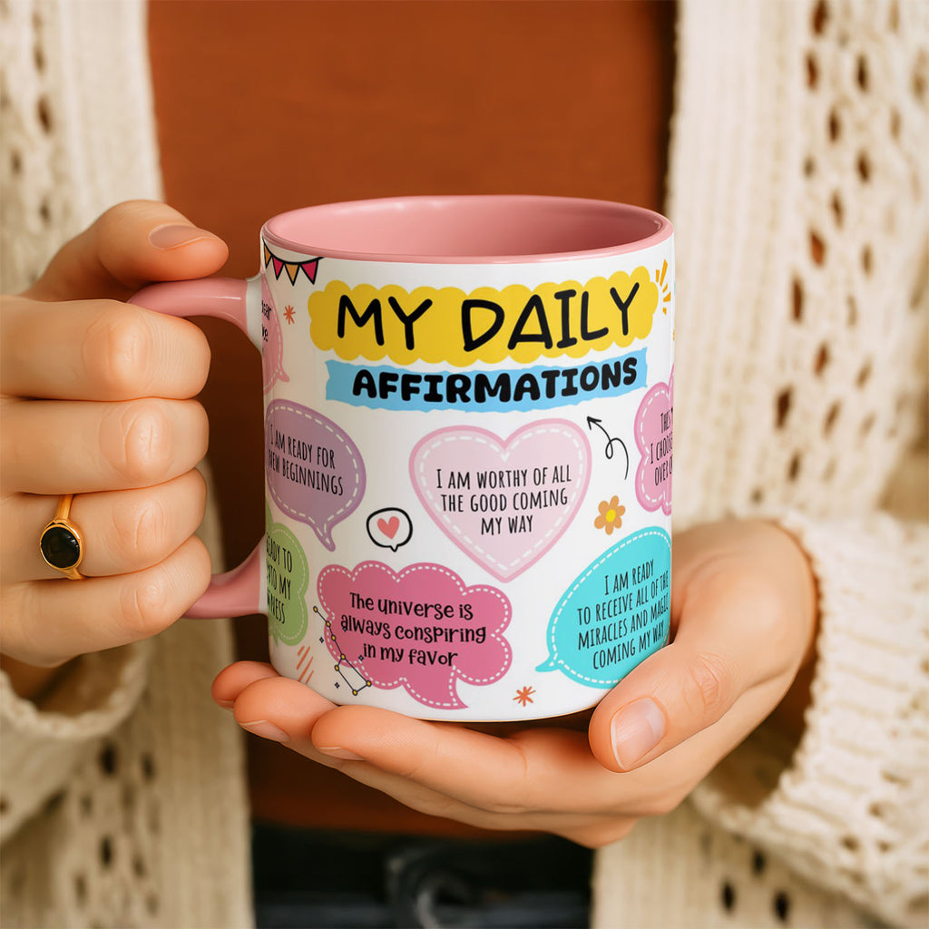 11oz Ceramic Mug White - My Daily Affirmations artwork featuring uplifting messages and cheerful graphics