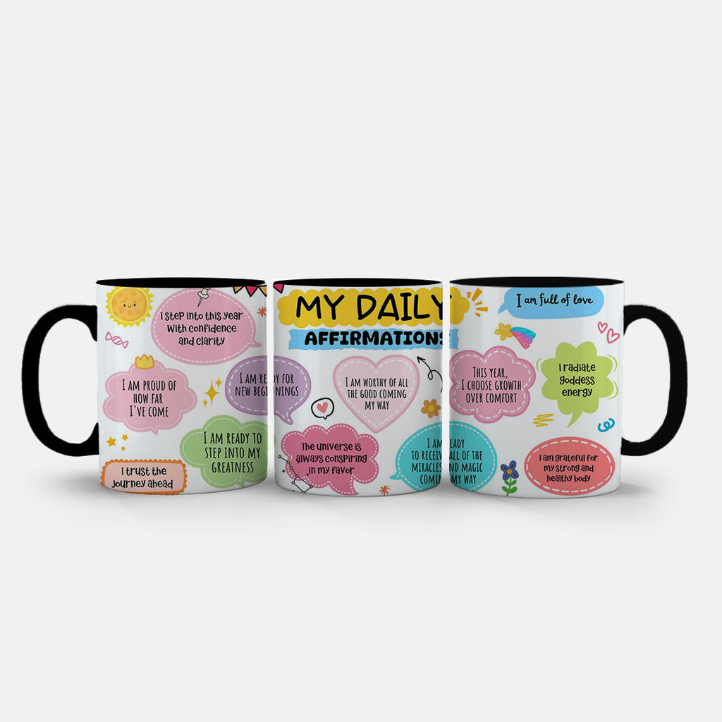 11oz Ceramic Mug White - Self-love affirmations design on ceramic mug with uplifting text bubbles