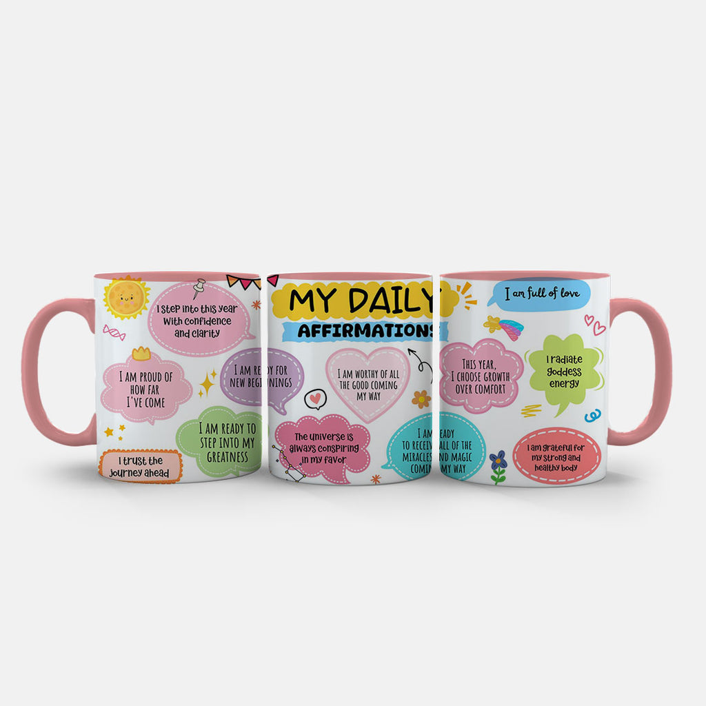 11oz Ceramic Mug White - Daily motivation mug featuring affirmation quotes in cheerful pastel tones