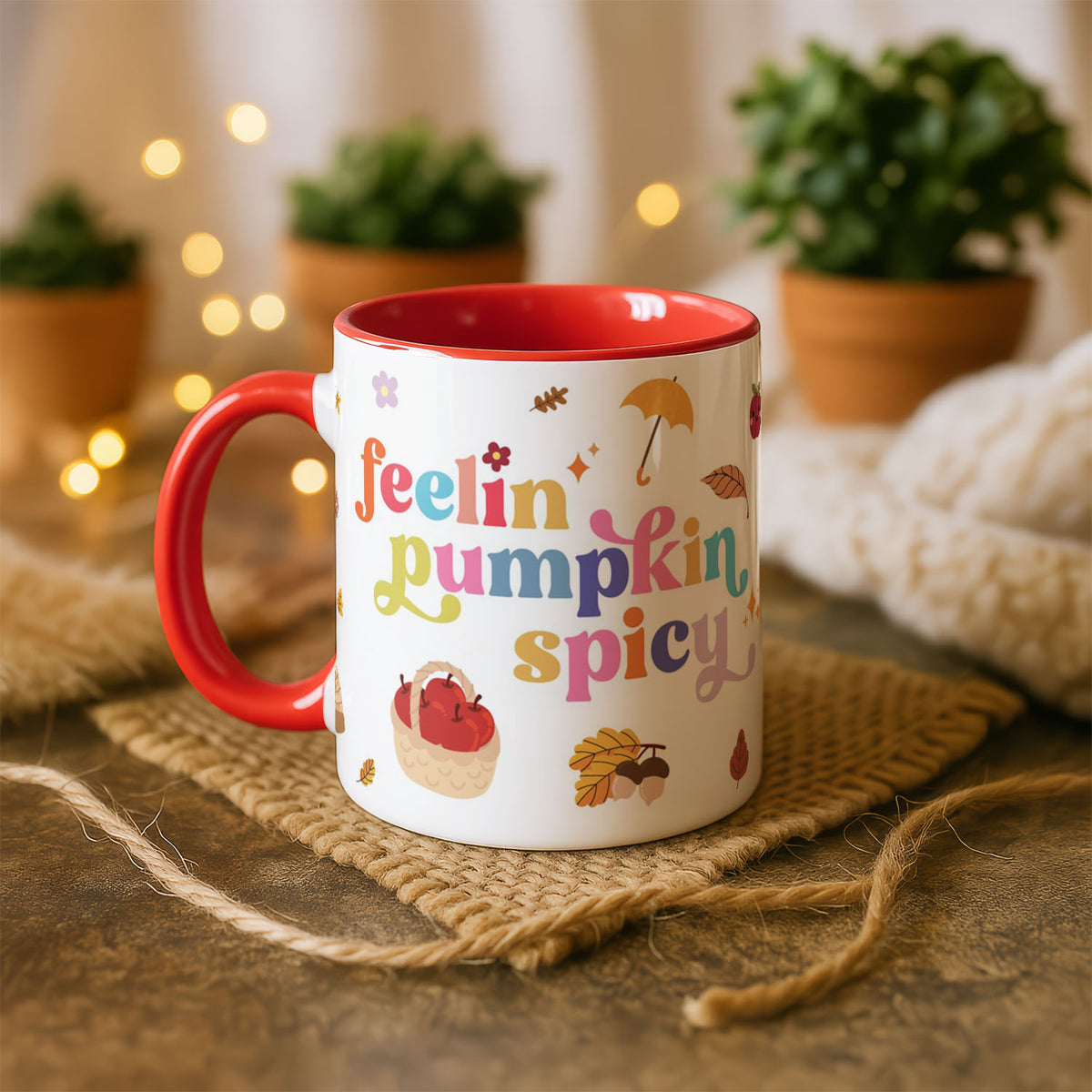 11oz Ceramic Mug White - Feelin pumpkin spicy design with colourful letters and autumn illustrations