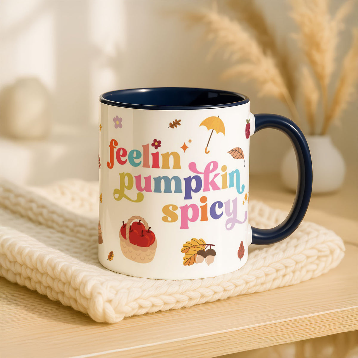 11oz Ceramic Mug Blue - Cheerful autumn artwork featuring smiling fruit and seasonal flowers