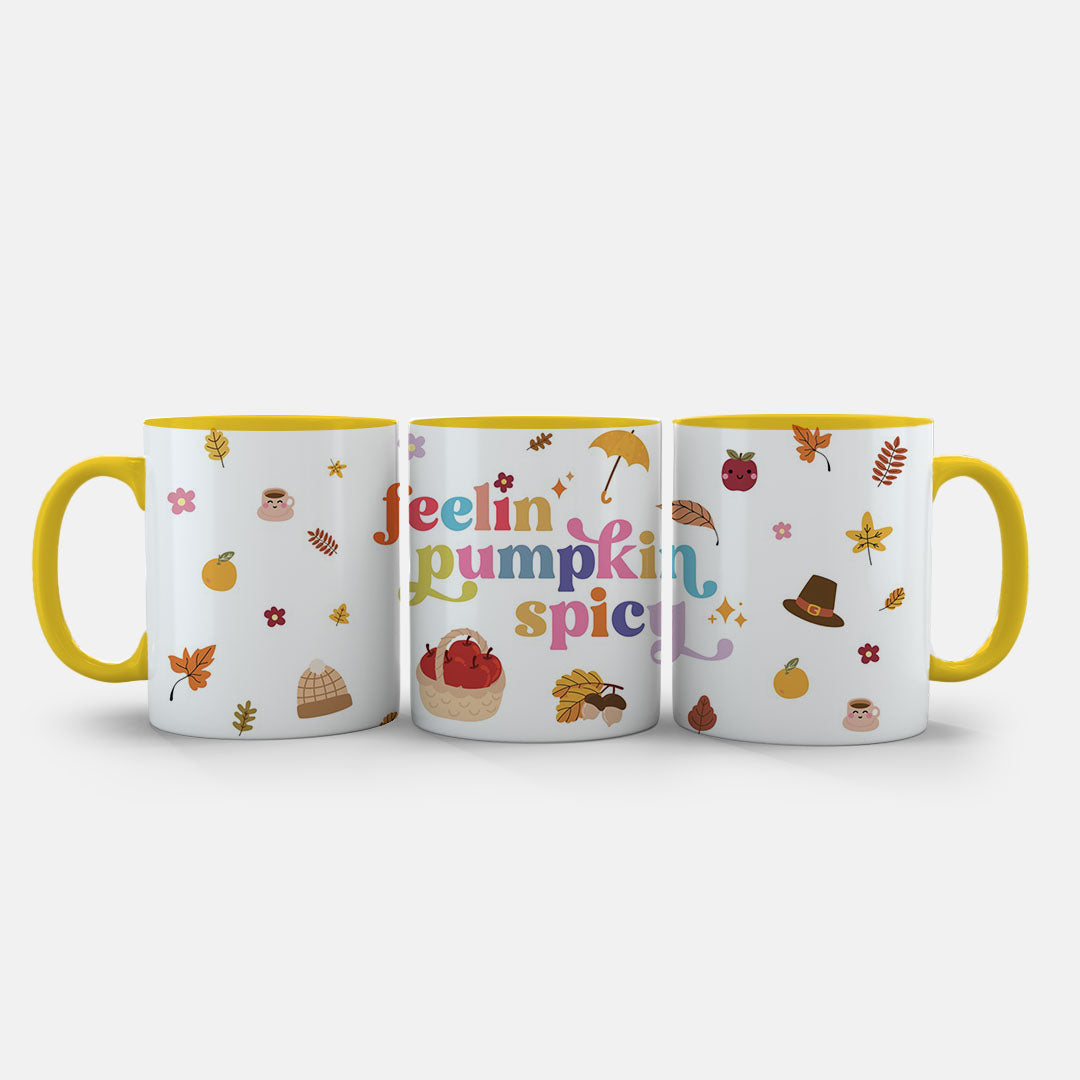 11oz Ceramic Mug Black - Colourful autumn mug with umbrellas, acorns and cosy elements
