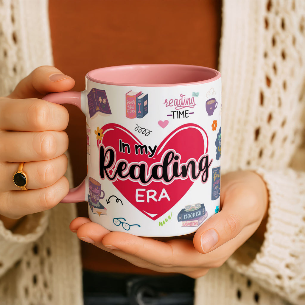 11oz Mug Colours - Bold red heart with reading era text surrounded by book icons