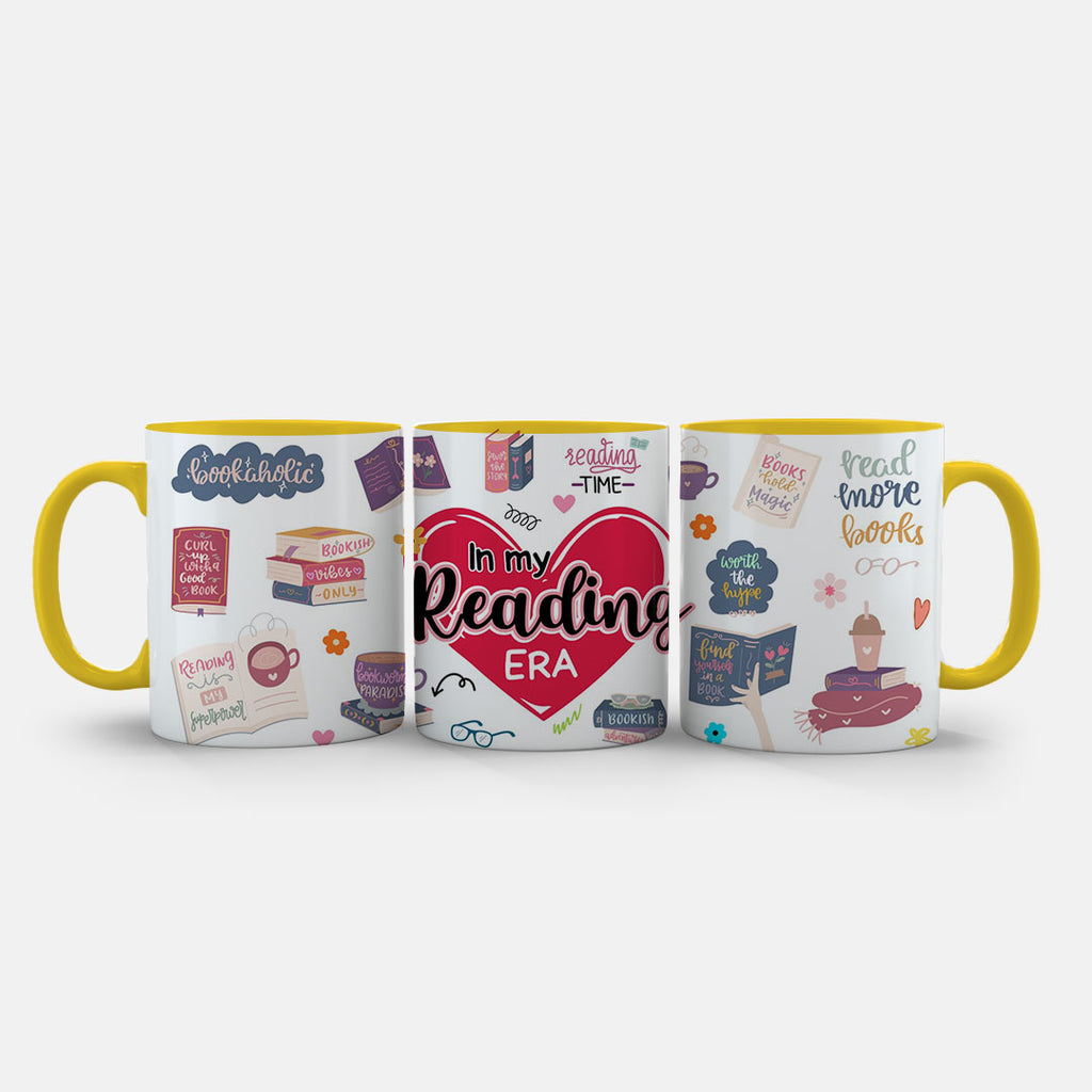 11oz Mug Colours - Bookish mug design showing stacked novels and reading glasses