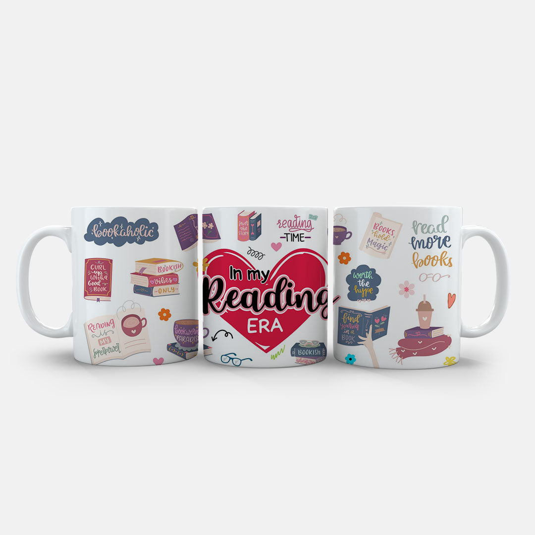 11oz Mug Colours - In My Reading Era mug with bookworm and tea cup illustrations